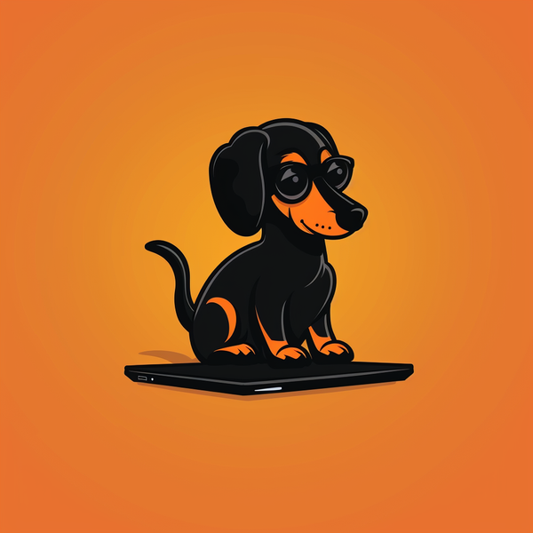 Ilustração de dachshund preto e caramelo de óculos em fundo laranja