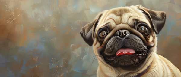 Pug sorrindo em fundo azul pintado