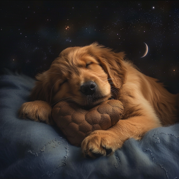Ilustração de golden retriever dormindo em noite estrelada
