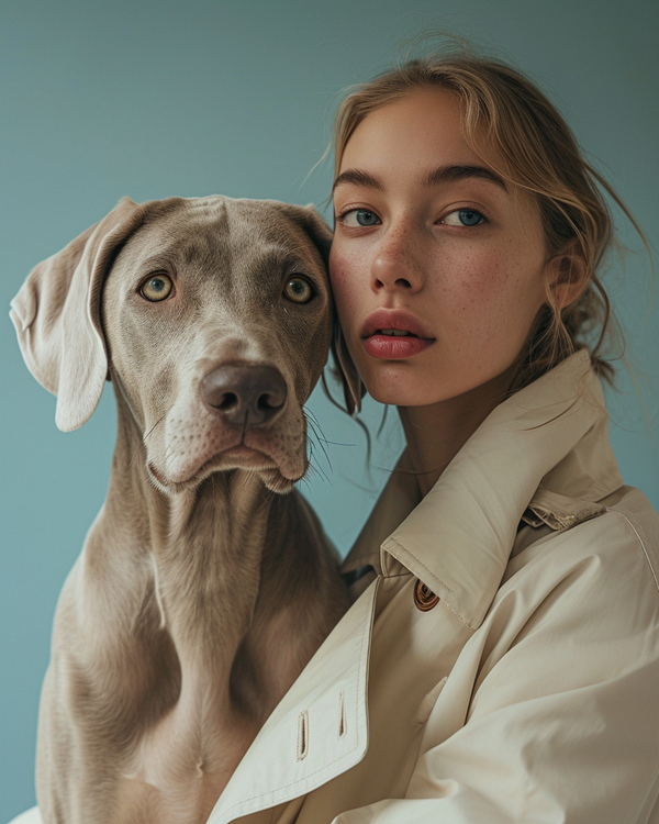 Mulher de casaco claro com weimaraner ao lado