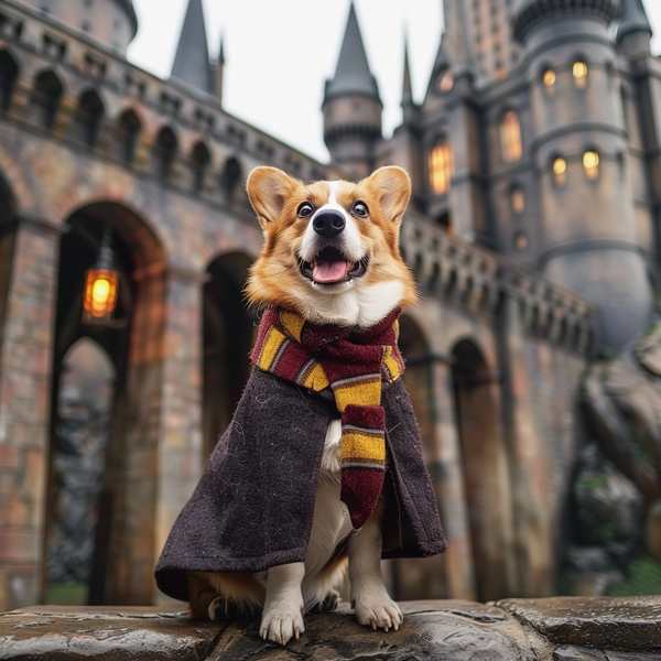 Corgi de cachecol e capa em frente a castelo
