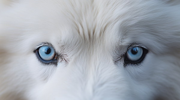 Olhos azuis de samoieda em close