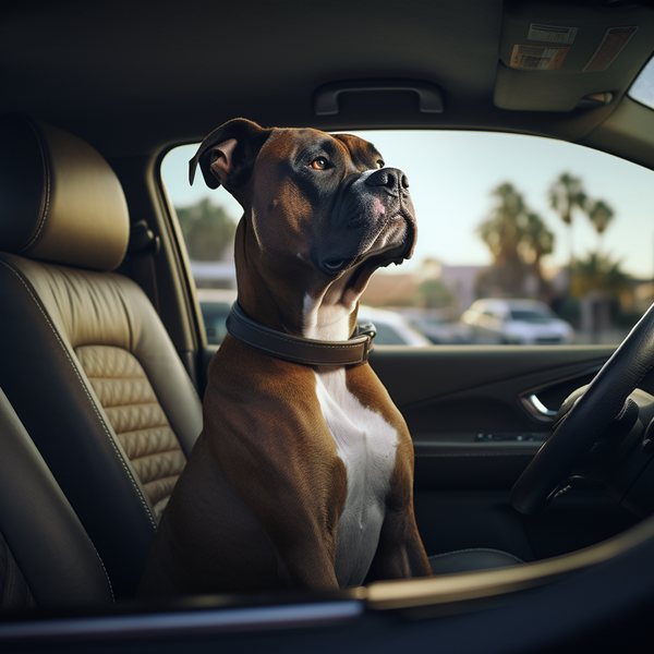 Boxer sentado no banco do carro olhando pela janela