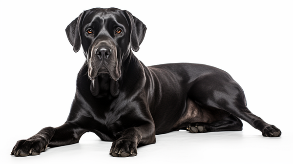 Cane corso preto deitado em fundo branco