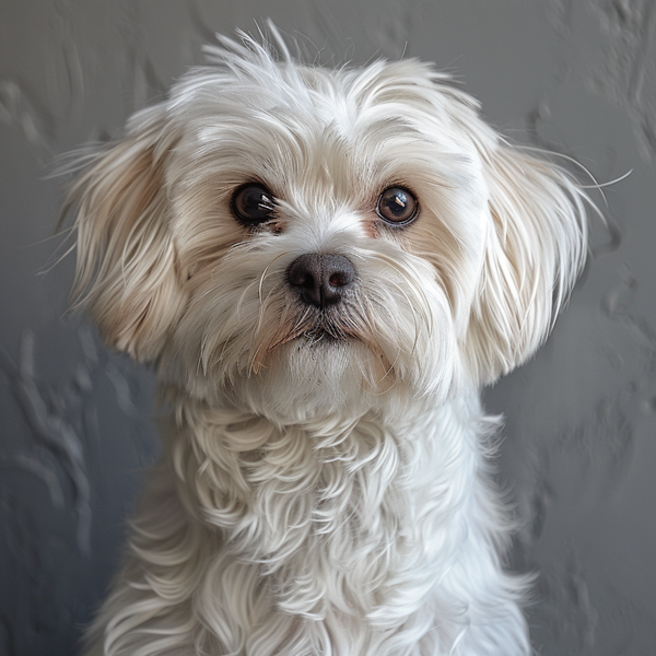 Retrato de lhasa apso branco em fundo cinza