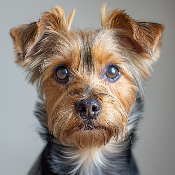 Retrato de yorkshire terrier em fundo cinza