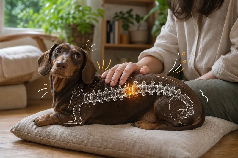 Cachorro salsicha com hérnia de disco deitado, com a coluna em destaque