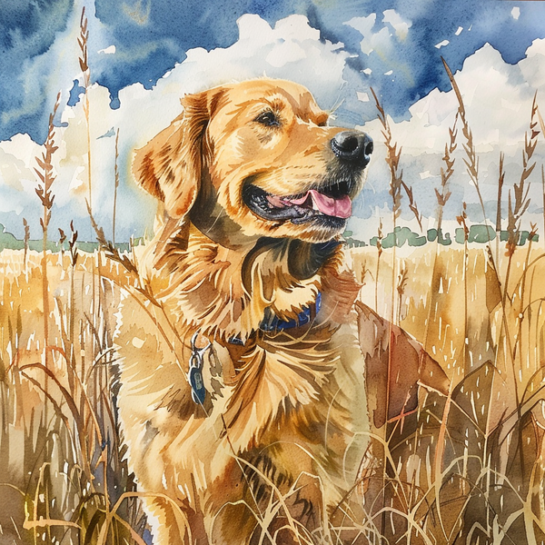 Pintura em aquarela de golden retriever em campo de trigo
