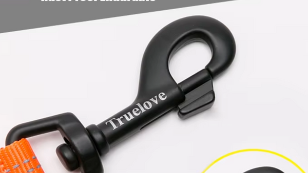 Detalhe do mosquetão preto de uma guia Truelove