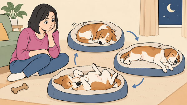 Ilustração de tutora observando cachorro dormindo em várias posições