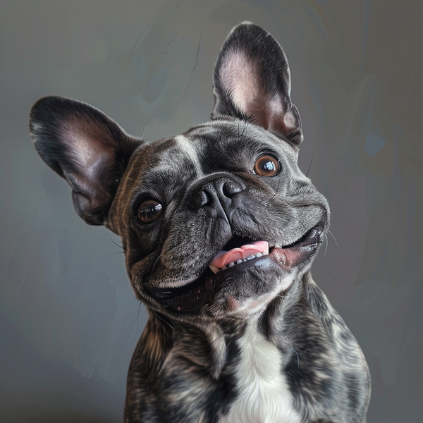 Bulldog francês tigrado sorrindo em fundo cinza