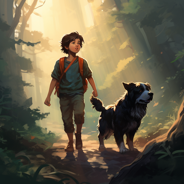 Ilustração de menino caminhando com cachorro preto em trilha na floresta