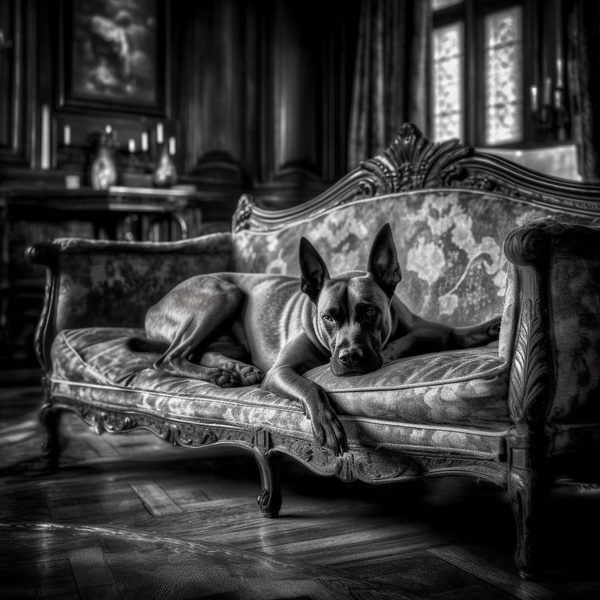 Foto em preto e branco de cachorro deitado em sofá estampado