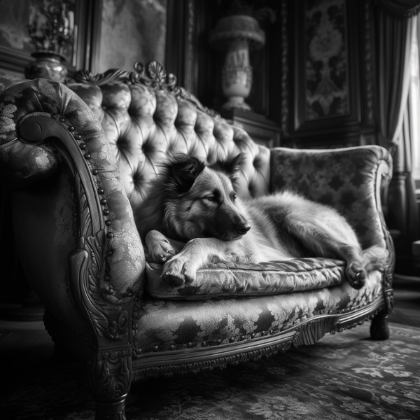 Foto em preto e branco de cachorro deitado em sofá capitonê
