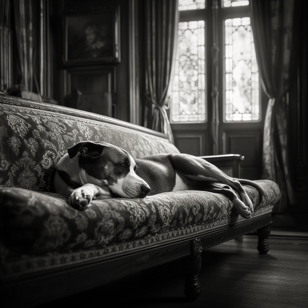 Foto em preto e branco de cachorro deitado em sofá estampado