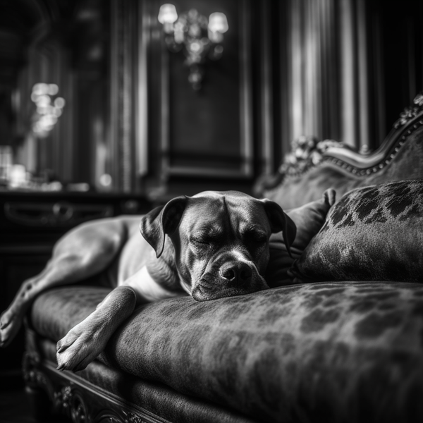 Foto em preto e branco de boxer dormindo em sofá antigo