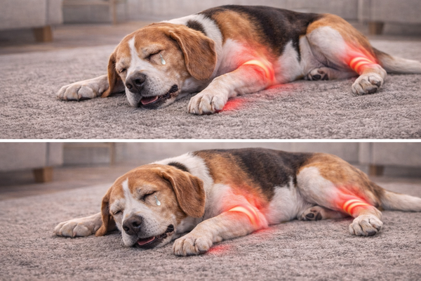 Ilustração de beagle deitado com dor nas patas em duas cenas
