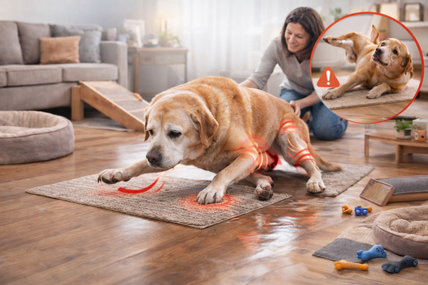 Ilustração de labrador idoso com dor nas patas traseiras ao lado da tutora