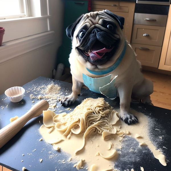 Pug de avental sujo de farinha na cozinha