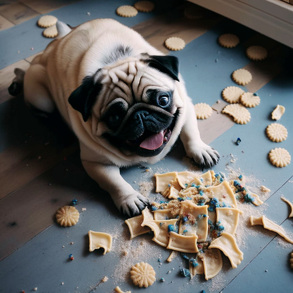 Pug deitado entre biscoitos espalhados no chão