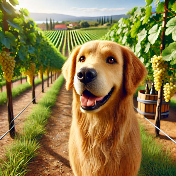 Golden retriever sorrindo em vinhedo