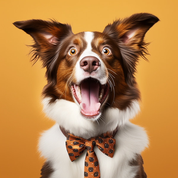 Border collie marrom e branco de gravata-borboleta em fundo laranja