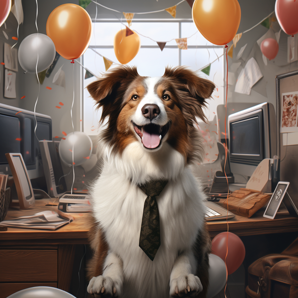 Border collie de gravata em escritório decorado com balões