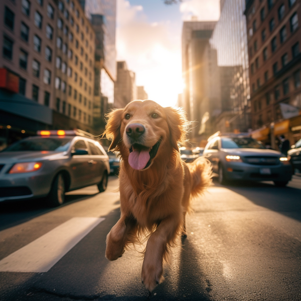 Golden retriever correndo em rua da cidade ao pôr do sol