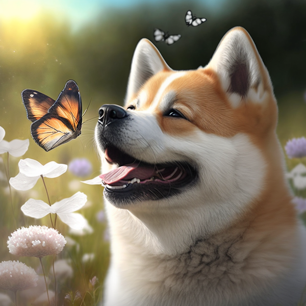 Ilustração de akita sorrindo com borboleta entre flores