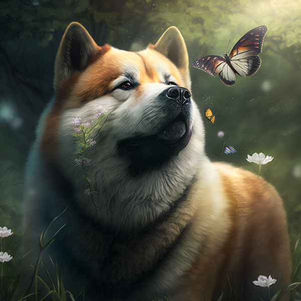 Ilustração de akita olhando uma borboleta no jardim