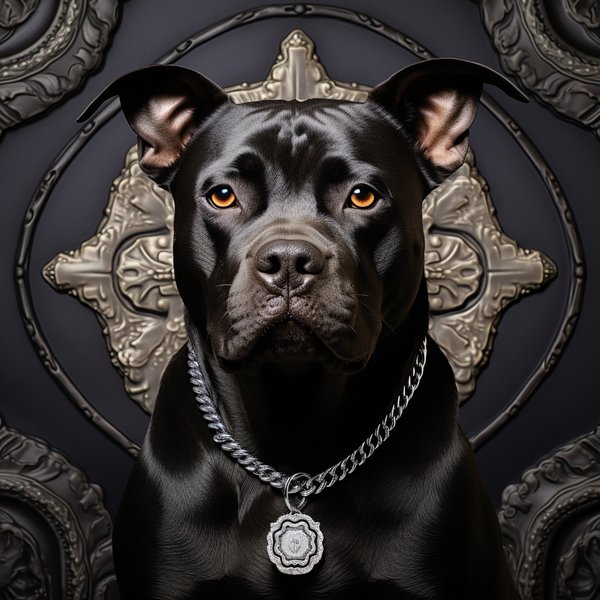Retrato de american staffordshire preto com corrente prateada