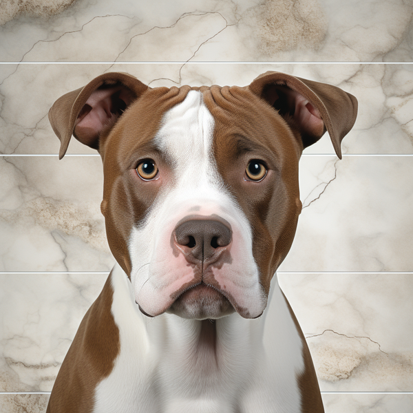 Retrato de american staffordshire marrom e branco em fundo de mármore