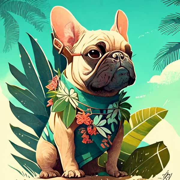 Ilustração de bulldog francês com camisa havaiana entre folhagens