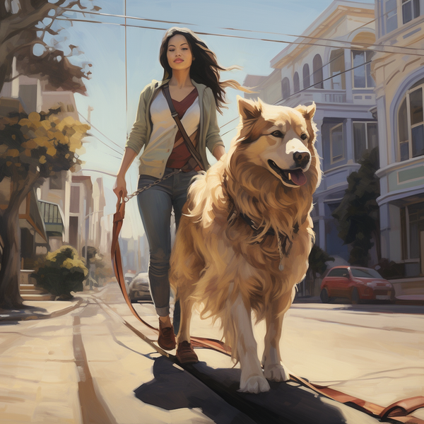 Ilustração de mulher passeando com cachorro grande na rua
