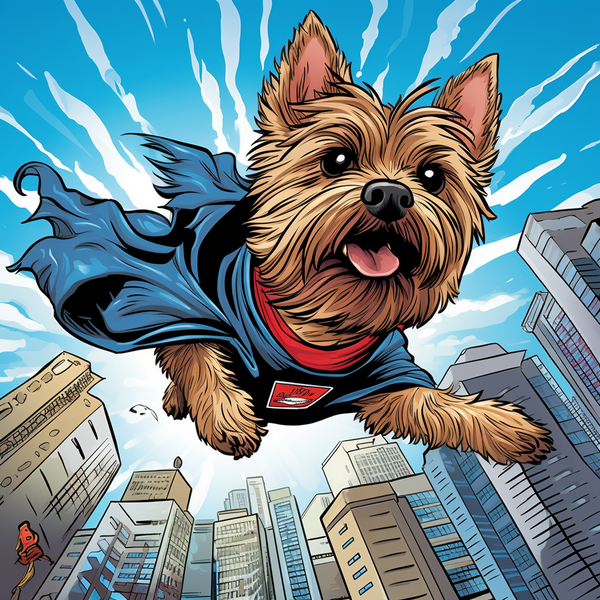 Ilustração de yorkshire terrier de capa voando como super-herói
