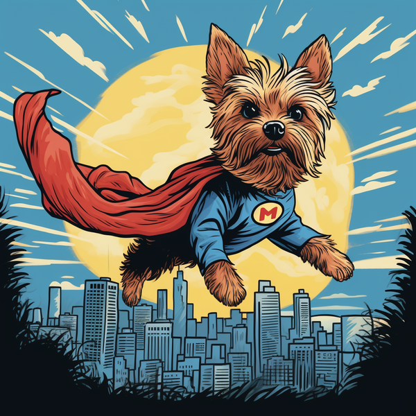 Ilustração de yorkshire terrier de capa voando sobre a cidade