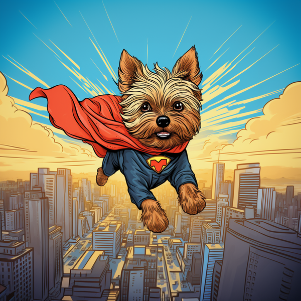 Ilustração de yorkshire terrier de capa voando sobre a cidade