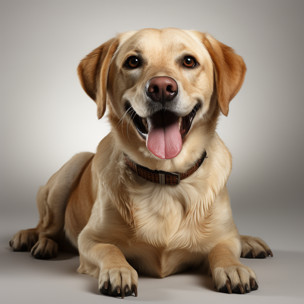 Labrador amarelo deitado sorrindo em fundo cinza
