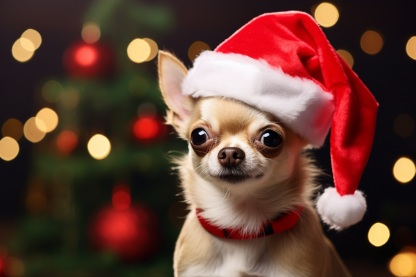 Chihuahua com gorro de Papai Noel em fundo natalino