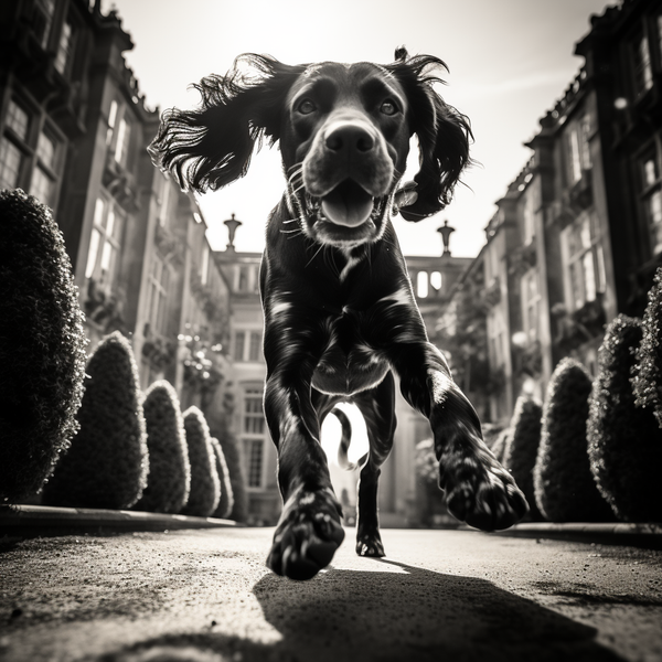Foto em preto e branco de cachorro correndo em jardim de palácio