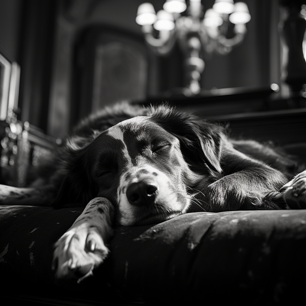 Foto em preto e branco de cachorro dormindo em sofá