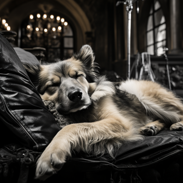 Foto em preto e branco de cachorro dormindo em sofá de couro