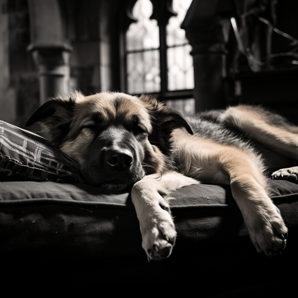 Cachorro dormindo de bruços em sofá de sala antiga