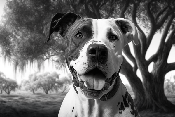 Foto em preto e branco de american staffordshire sob as árvores