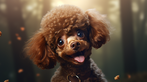Poodle toy marrom com a língua de fora na floresta