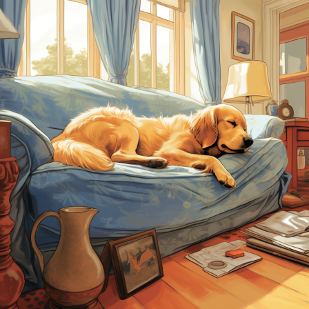 Ilustração de golden retriever dormindo no sofá azul