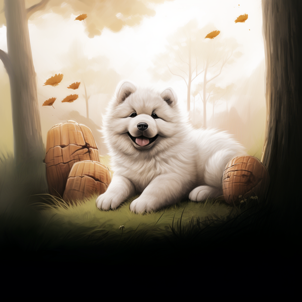 Ilustração de filhote de chow chow branco na floresta