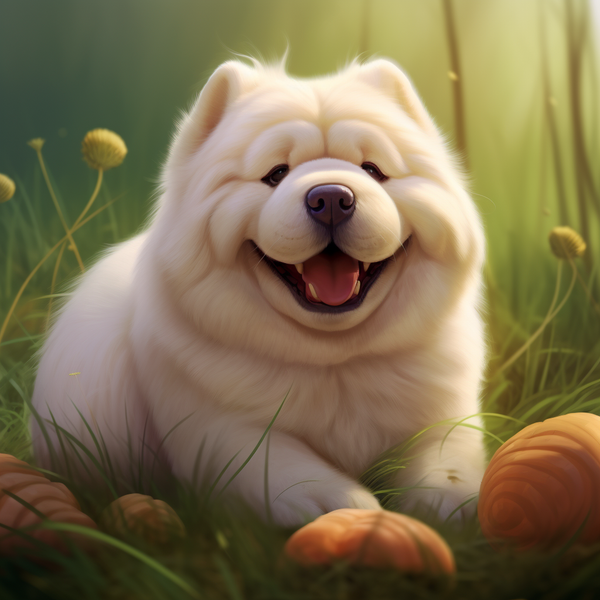 Ilustração de chow chow branco sorrindo na grama