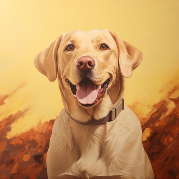 Ilustração de labrador amarelo com coleira em fundo dourado