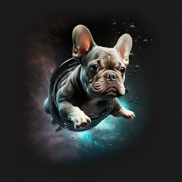 Ilustração de bulldog francês cinza saltando em fundo escuro